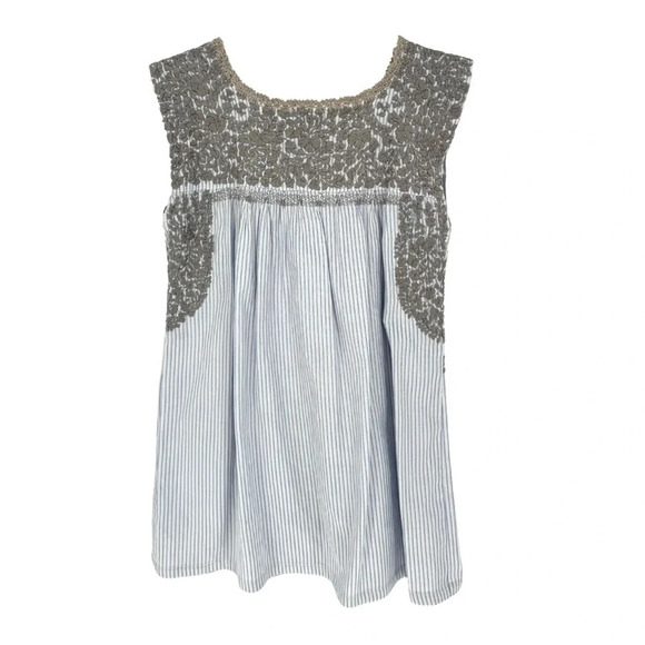 Mi Golondrina Sleeveless Embroidered Blouse in Blue White Stripe and Gray XS - Picture 2 of 5